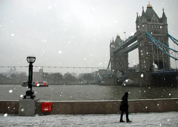Famous London tourist attraction with cold, winter Christmas weather