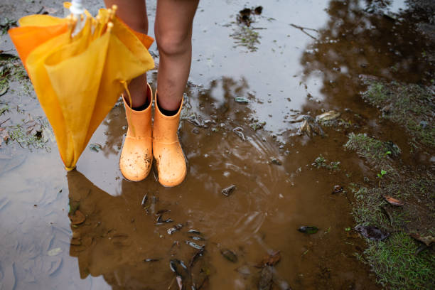 istock Child wearing rain boots playing in a puddle 1182054957