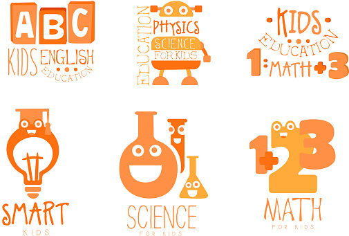 Science Homework Logo Kids Science Education Logo Templates Set Physics Math English Labels ...