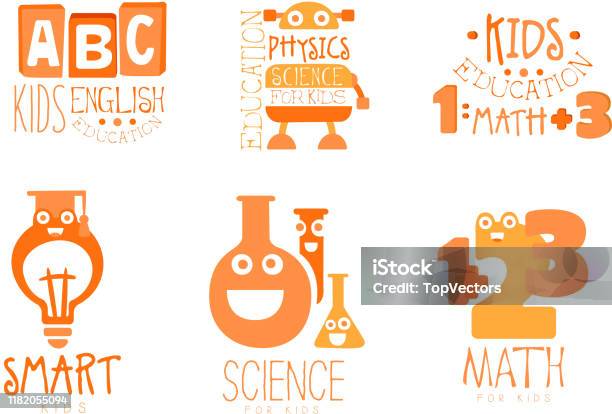 Science Class Logo Vector Kids Science Education Logo Templates Set Physics Math English Labels ...