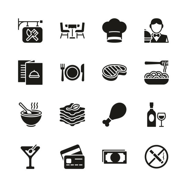 bildbanksillustrationer, clip art samt tecknat material och ikoner med restaurang ikoner svart & vit set - dinner croatia