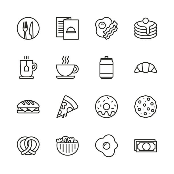 Breakfast Icons Thin Line Set This image is a vector illustration and can be scaled to any size without loss of resolution. biscuit quick bread stock illustrations
