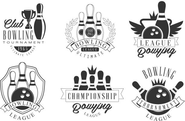 ilustrações, clipart, desenhos animados e ícones de jogo de etiquetas retro do tournament do bowling, emblemas monocromáticos do campeonato da liga ilustração do vetor - bowler