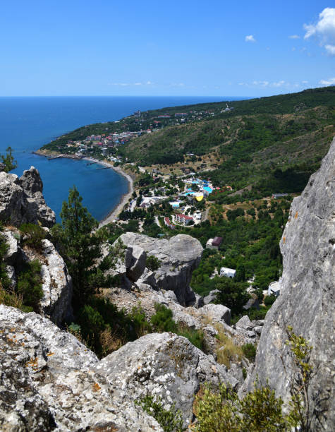 View of the Simeiz town from Koshka Mount in Crimea stock photo
