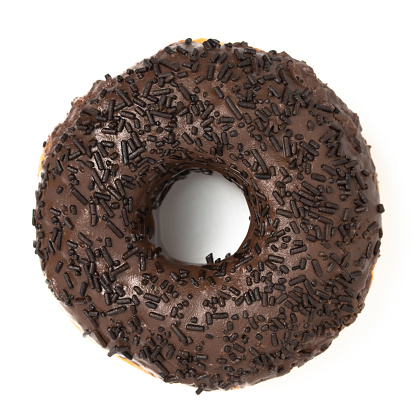 Chocolate donut isolated on white background. Cut out