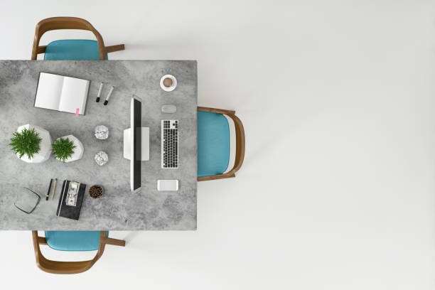 istock Top view at large team office desk 1182063812