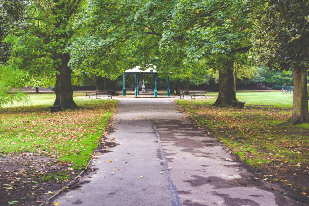 Public park with avenue path lined with trees in centre of shot