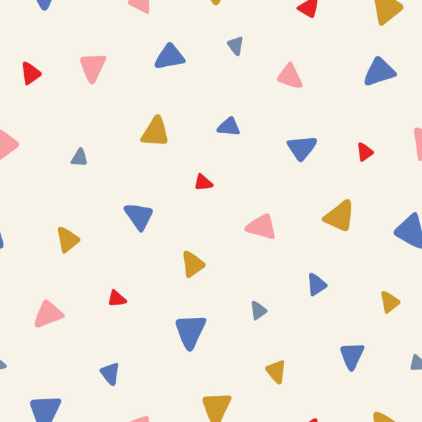 Sweet vector seamless repeat pattern of tossed hand drawn triangles in pink, red, blue and yellow. A fun random repeat design background. Sweet vector seamless repeat pattern of tossed hand drawn triangles in pink, red, blue and yellow. A fun modern random repeat design background. plain background stock illustrations