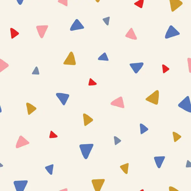 Vector illustration of Sweet vector seamless repeat pattern of tossed hand drawn triangles in pink, red, blue and yellow. A fun random repeat design background.