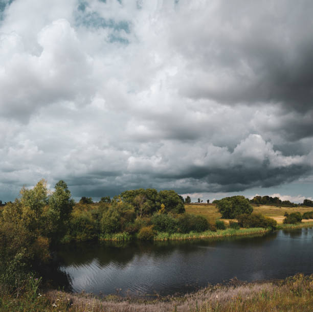 istock Beautiful summer landscape with river and green fields 1182069409
