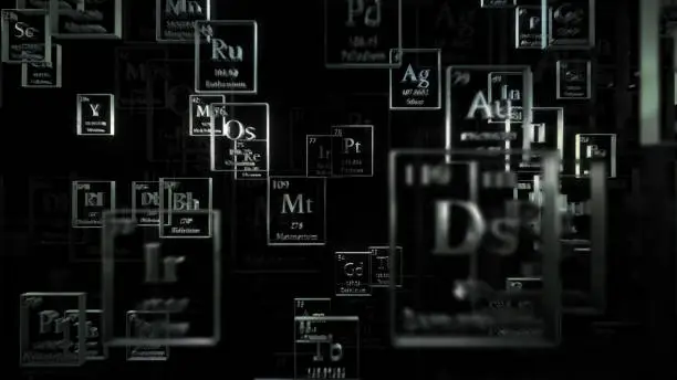 3d render abstract chemical background. Periodic table of elements. Mendeleev`s table fragment. Metal material.