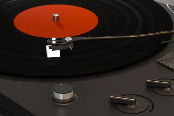 Photo of The dark vinyl record player on the table, 3d rendering.