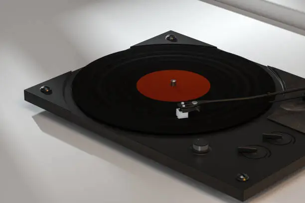 Photo of The dark vinyl record player on the table, 3d rendering.