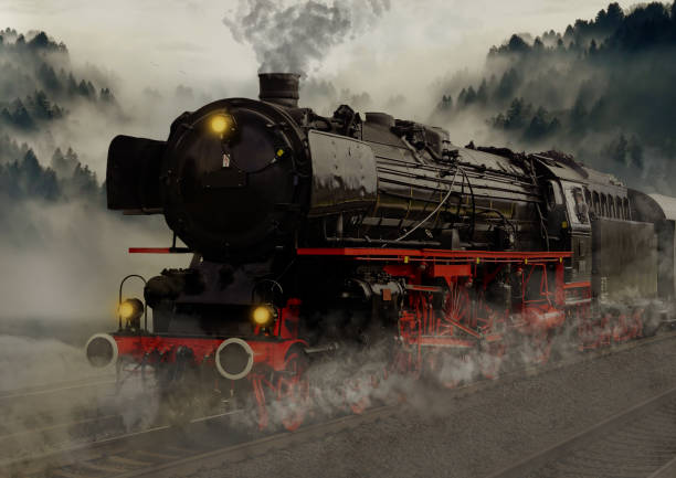 istock vintage black steam powered railway train in the forest 1182074182