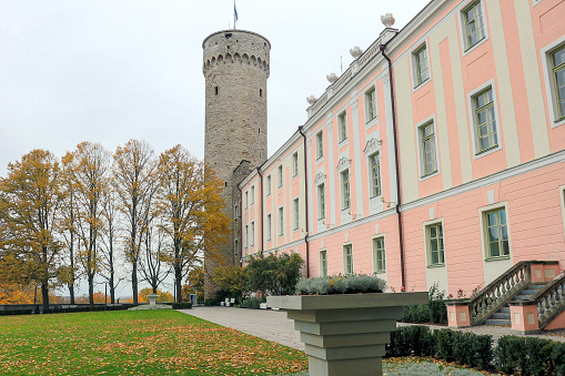 Pikk Hermann or Tall Hermann, tower of the Toompea Castle, on Toompea hill in Tallinn, the capital of Estonia, Baltic state, Europe