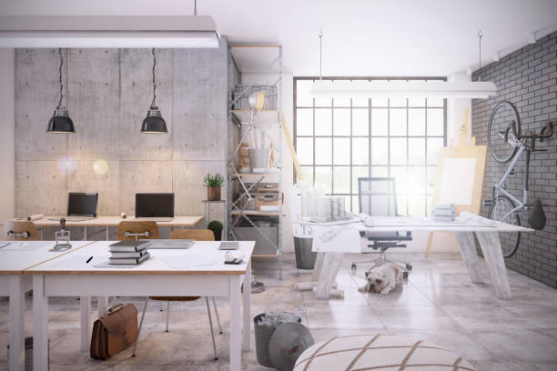 istock Small contemporary office interior with large office desk 1182076916
