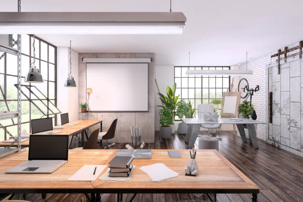 istock Small office interior  with large office desk 1182076919