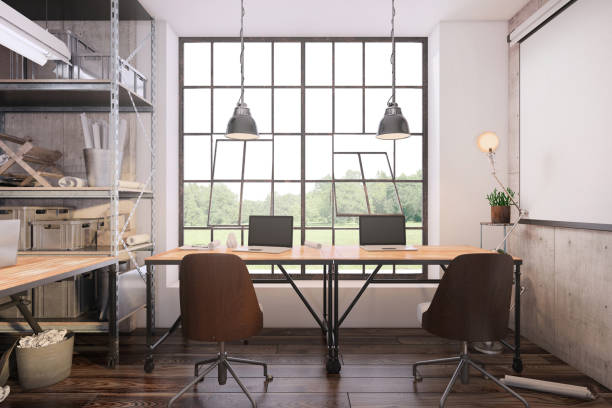 istock Small office interior with large office desk 1182076952