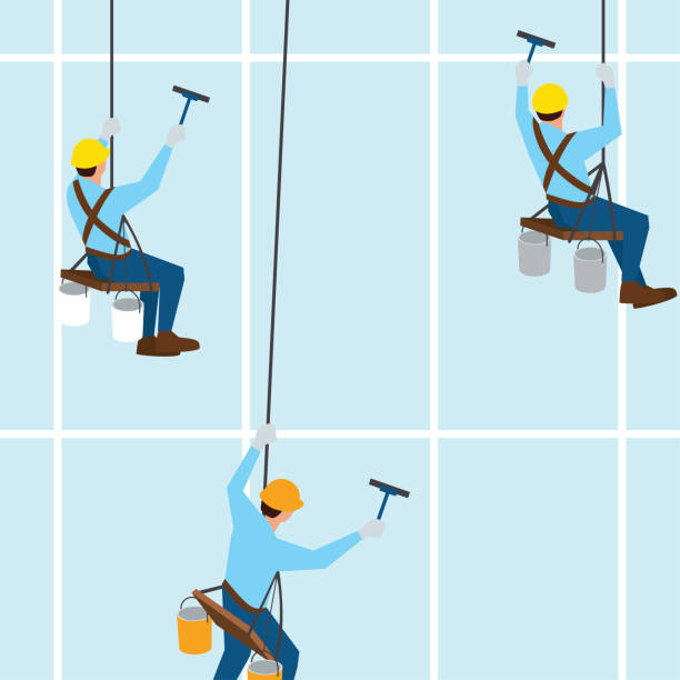 glass cleaner of steeplejack washing a skyscraper windows glass cleaner of steeplejack washing a skyscraper windows, vector illustration steeplejack stock illustrations
