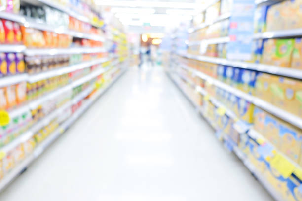 istock Abstract blurred bokeh shelf supermarket modern trade 1182077240