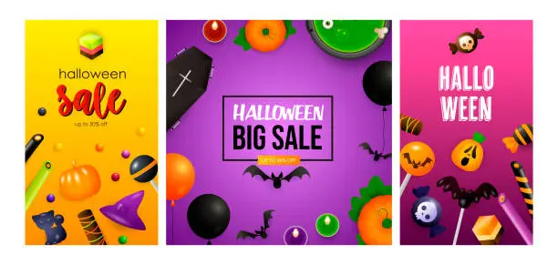 Vector illustration of Halloween big sale yellow, violet banner collection