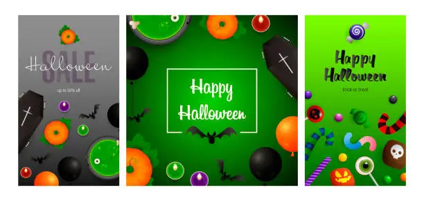 Vector illustration of Happy Halloween gray, green banner set with coffin, pumpkin