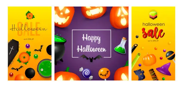 Vector illustration of Happy Halloween orange, violet banner set with coffin, pumpkin