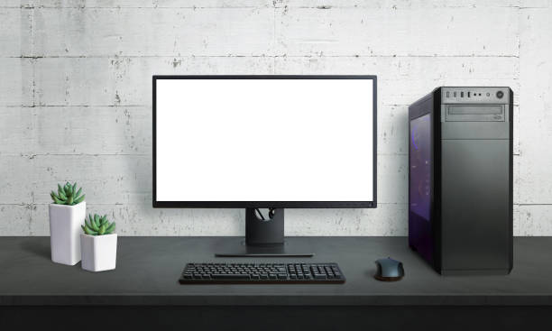 istock Modern computer display mockup with gaming case, keyboard and mouse beside. Isolated screen for mockup. 1182084922