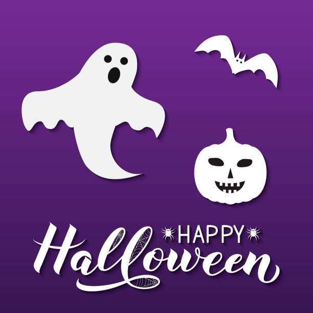 istock Happy Halloween calligraphy hand lettering with silhouette of pumpkin, bat, ghost and spiders. Easy to edit vector template for greeting card, banner, typography poster, party invitation, etc. 1182087246