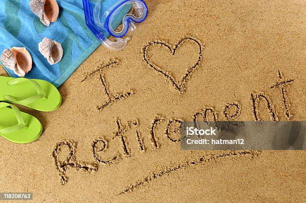 Retirement Beach Writing Stock Photo - Download Image Now - 401k - Single Word, Above, Aging Process