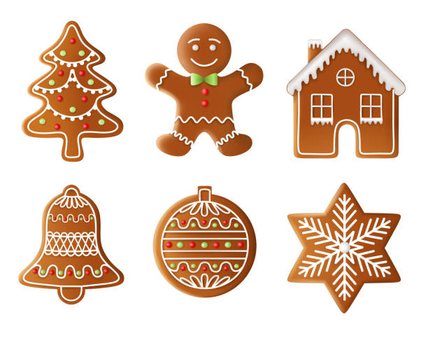 noel ağacı, adam, ev, çan, top ve yıldız gingerbread illüstrasyon - kurabiye stock illustrations
