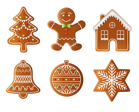 christmas tree, man, house, bell, ball and star gingerbread illustration vector