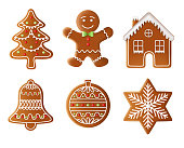 christmas tree, man, house, bell, ball and star gingerbread illustration
