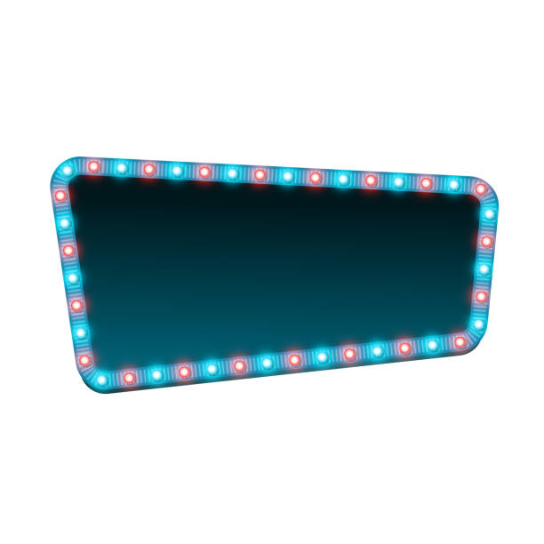 istock Blank 3d retro light banner with shining lights. Blue sign with blue and red bulbs and dark blank space for text. Vintage street signboard. Advertising frame with glow. Colorful vector illustration. 1182091544