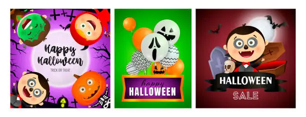 Vector illustration of Happy Halloween green, vinous banner set with vampire and coffin