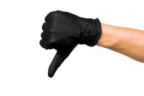 istock a man's hand in a black rubber glove shows a finger down isolated on a white 1182095101