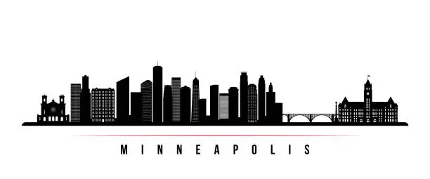 Vector illustration of Minneapolis skyline horizontal banner. Black and white silhouette of Minneapolis, Minnesota. Vector template for your design.