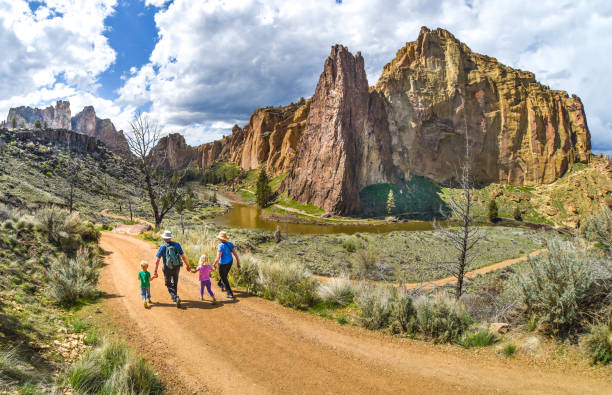 Family hike at Smith Rock State Park stock photo