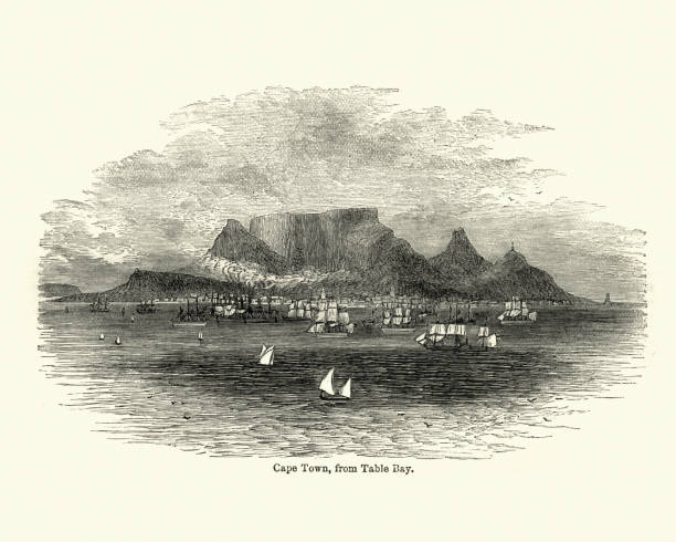 View of Cape Town, from Table Bay, 19th Century Vintage engraving of a View of Cape Town, from Table Bay, 19th Century cape peninsula stock illustrations