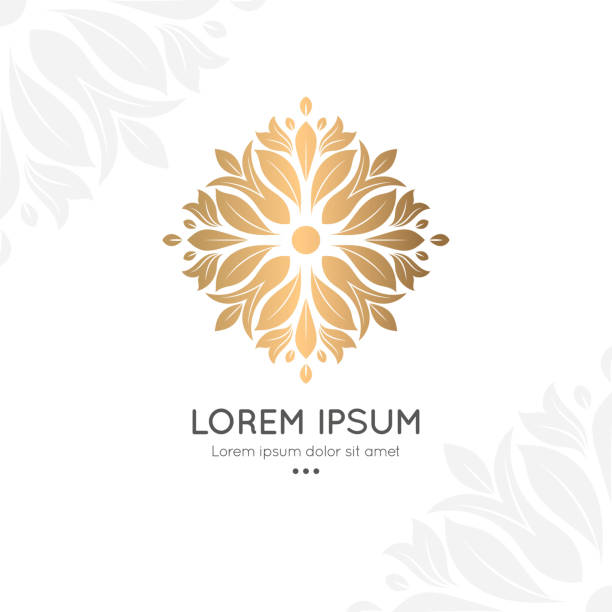 blumen-logo-design mit goldenen blättern auf weißem hintergrund. luxus vintage vektor-vorlage mit eleganten elementen. kann als monogramm und emblem verwendet werden. ideal für einladung oder tapete. - mandala gold arabic style decoration stock-grafiken, -clipart, -cartoons und -symbole