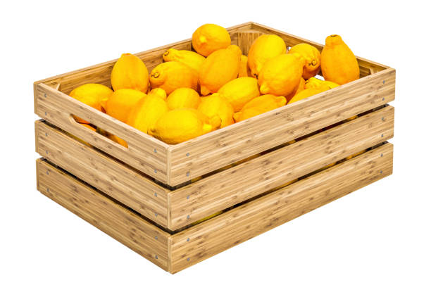 Lemons in the wooden crate, 3D rendering isolated on white background