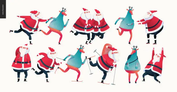Vector illustration of Sporting Santa and deer set