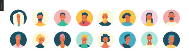 ilustrações de stock, clip art, desenhos animados e ícones de bright people portraits set - young men and women - office men teacher computer