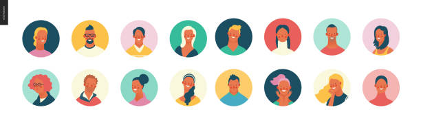 Bright people portraits set - young men and women Bright people portraits set - hand drawn flat style vector design concept illustration of young men and women, male and female faces avatars. Flat style vector round icons set flat design icons stock illustrations