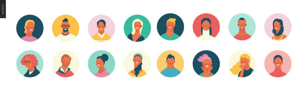 Bright people portraits set - young men and women Bright people portraits set - hand drawn flat style vector design concept illustration of young men and women, male and female faces avatars. Flat style vector round icons set avatar designs stock illustrations