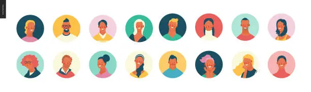 Vector illustration of Bright people portraits set - young men and women