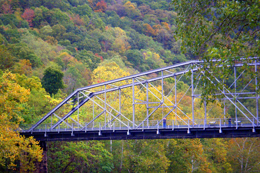 Small steel bridge structure at bottom of new river gorge in West Virginia