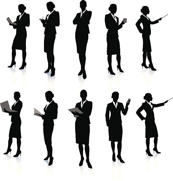 stockillustraties, clipart, cartoons en iconen met ten silhouettes of a business woman at work - business woman