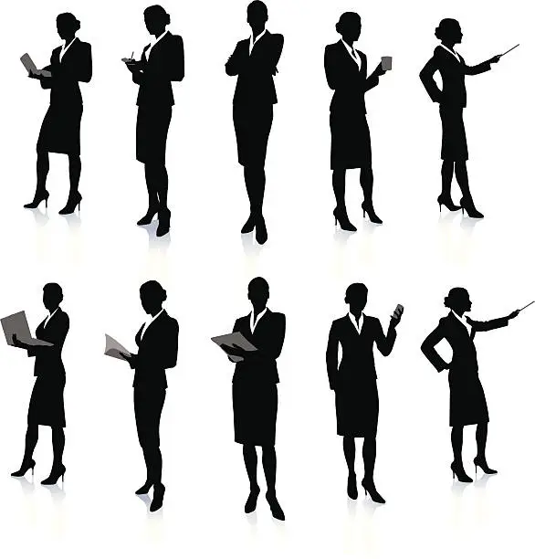 Vector illustration of Ten silhouettes of a business woman at work