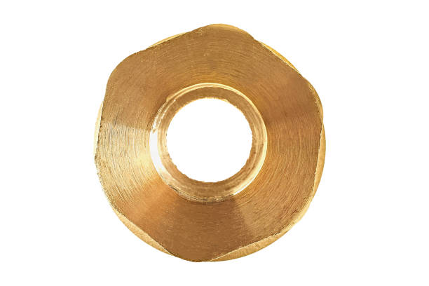 istock One glossy brass fitting golden color with thread for connecting different diameter pipeline for oil, petrol, gas, water or other liquid isolated on white background without shadow. Top view 1182104601